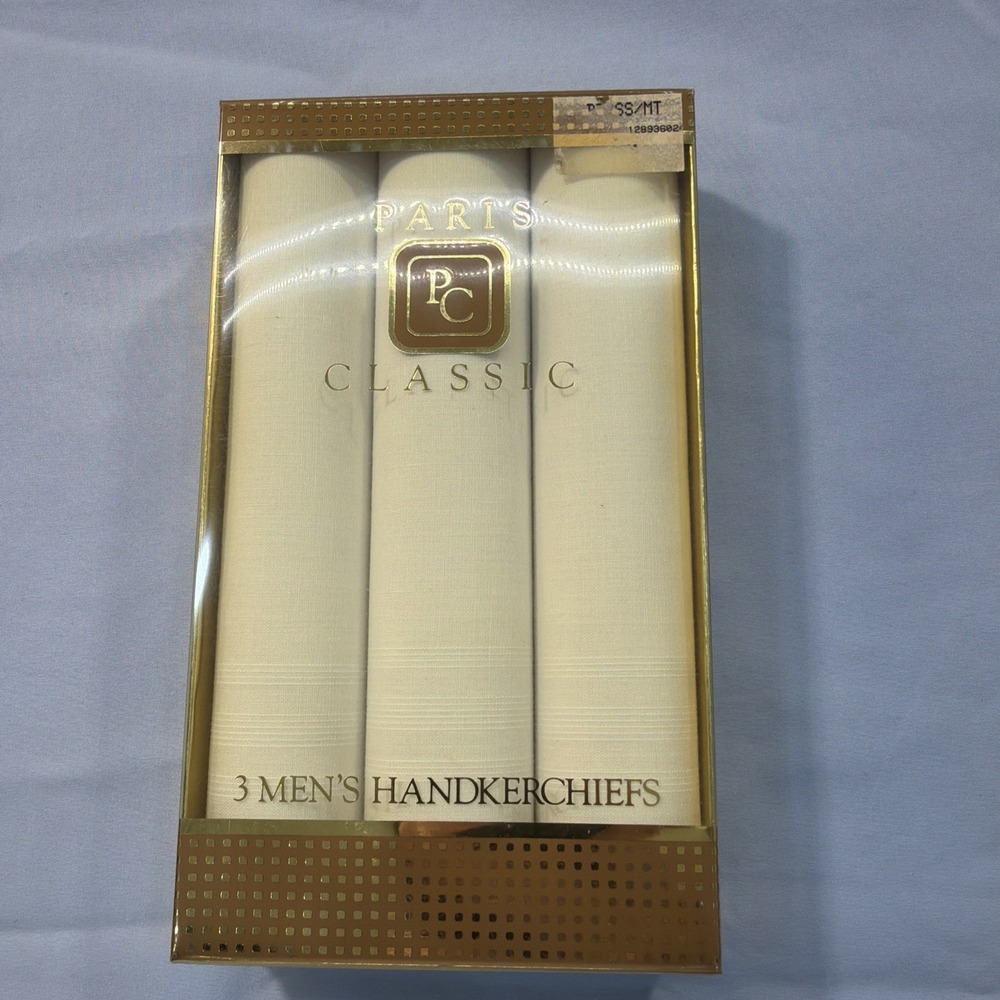 Vintage 3 Mens Handkerchiefs Paris Classic New Untouched 16" X 16"